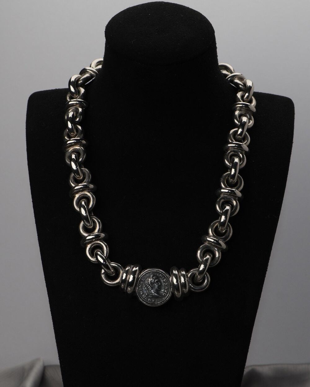 Vintage Sterling Silver Heavy Roman Coin Chain Necklace 85G / 17in